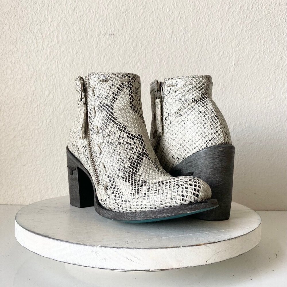 White Snake-Print Ankle Booties with Block Heel